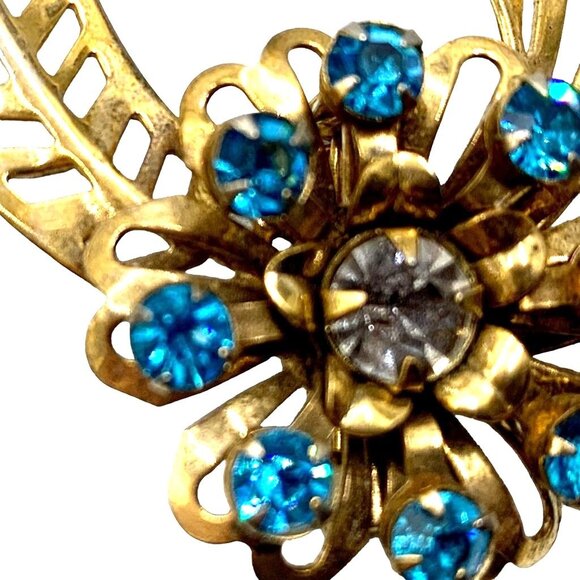 Vintage Blue Faceted Flower Gold Tone Fashion Brooch Pin Open Work Round Stones - Picture 3 of 9